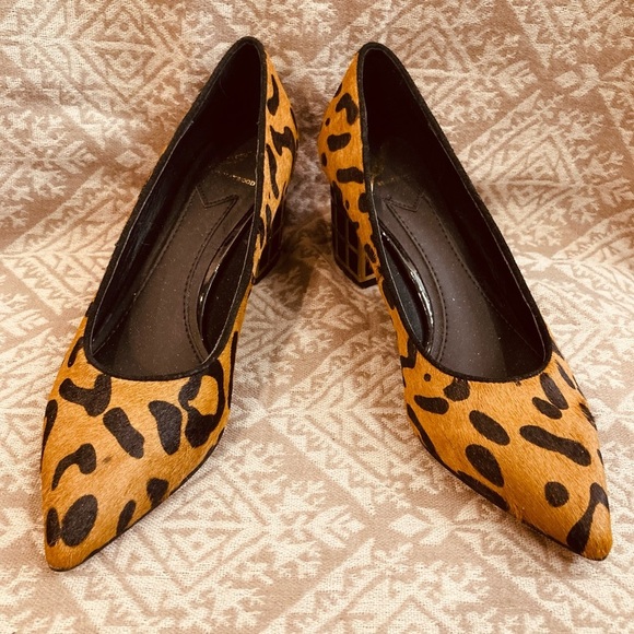 BRIAN ATWOOD Sz 6 Animal Print Pointy Toe Pony Hair Cage Chunky Heel Pumps Shoes - Picture 1 of 10